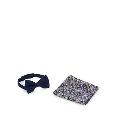 Navy bow tie and floral pocket square set